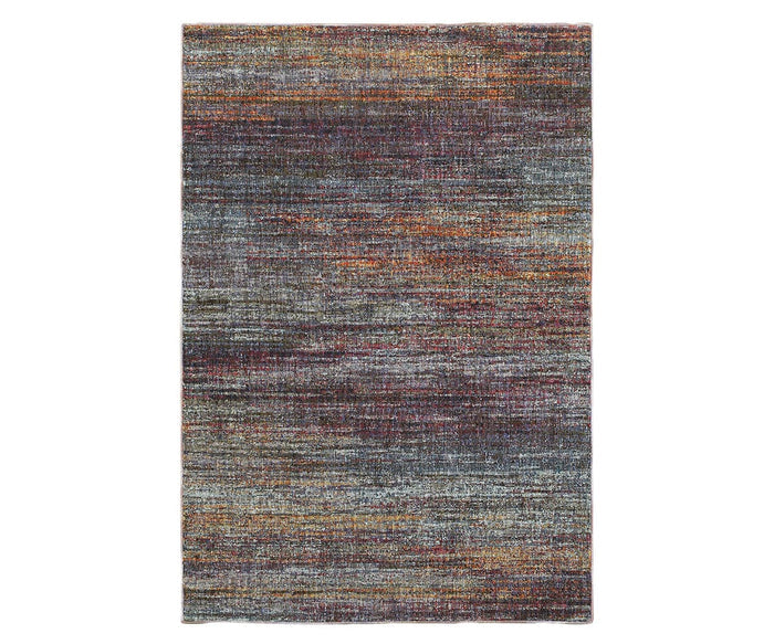 The Oriental Weavers Atlas / 8037B Rug in Multi features a rectangular shape and a blended pattern in shades of purple, blue, orange, and gray, creating a textured, woven look. Machine-woven for durability, this rug adds both style and resilience to any space.