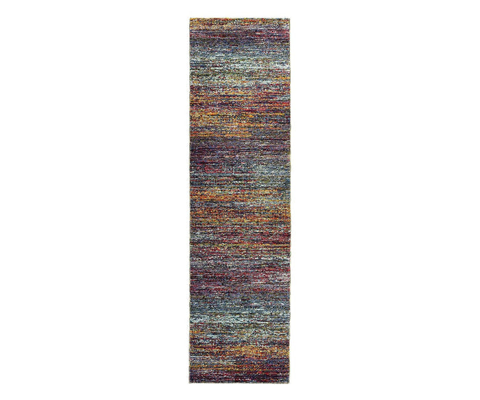 The Oriental Weavers Atlas / 8037B Rug is a long rectangular, machine-woven area rug from the Atlas Collection in Multi, featuring a textured pattern in shades of blue, red, orange, yellow, and hints of green on a white background. This durable rug brings vibrant style and lasting comfort to any space.
