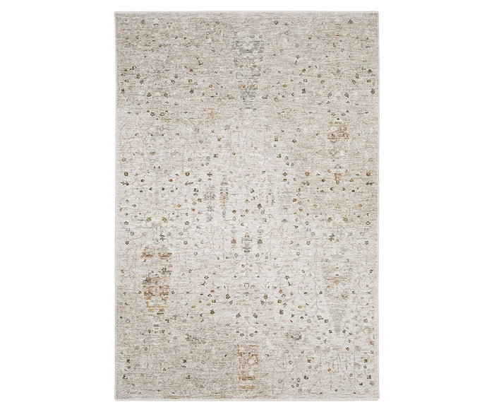 The Oriental Weavers Avalon / AVA01 Rug displays a light beige background with subtle, intricate muted gray and tan patterns crafted in space-dyed polyester, giving this rectangular area rug a distressed, vintage look reminiscent of traditional designs. The color is Beige/Multi.