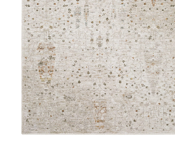 A close-up of the Oriental Weavers Avalon / AVA01 Rug reveals a beige background with a subtle, distressed pattern featuring small floral and geometric motifs in muted tones. Crafted from space-dyed polyester, this rug showcases traditional designs with a slightly faded, vintage appearance.