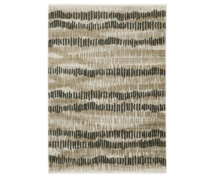 The Oriental Weavers Bauer / 8120D Rug features a multi-colored design with a beige background, accented by abstract horizontal dark brown and tan dashed lines that create a striking striped pattern. Crafted from recycled PET yarn, this sustainable area rug combines stylish appeal with eco-friendly comfort for your home.