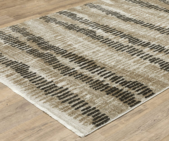 The Oriental Weavers Bauer / 8120D Rug, featuring a beige background with irregular black and brown horizontal stripes and crafted from recycled PET yarn for eco-friendly appeal, is displayed on a light wood floor.
