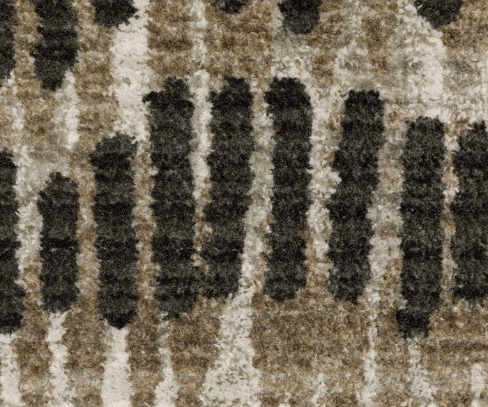 Close-up of the Oriental Weavers Bauer / 8120D Rug, featuring a textured design with uneven vertical black stripes set against brown and beige tones. Crafted from recycled PET yarn, its surface appears soft, plush, and easy to clean.