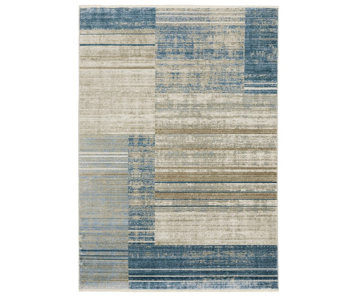 The Oriental Weavers Bauer / 90B Rug is a rectangular area rug in a multi-color palette, showcasing an abstract pattern with horizontal and vertical lines and blocks for a modern aesthetic. Expertly power-loomed from recycled PET yarn, this rug offers an easy-to-clean surface ideal for busy households.