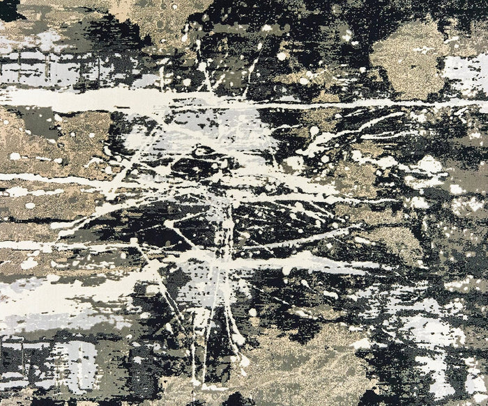 A dynamic abstract design featuring splashes and streaks of white, black, and beige creates a textured, layered effect reminiscent of splattered paint and rough brush strokes—capturing the energetic, chaotic look characteristic of the machine-woven Oriental Weavers Bowen / 109E Rug.