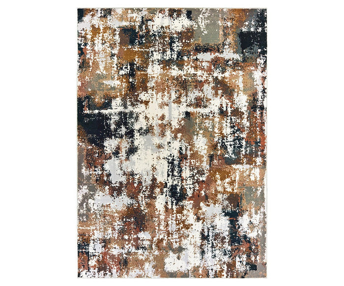 The Oriental Weavers Bowen / 4928X Rug features a multi-colored, distressed abstract pattern that blends brown, beige, black, gray, and white hues for a modern, textured look. Machine-woven for durability, this contemporary area rug adds stylish appeal to any space.
