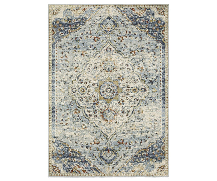 The Oriental Weavers Branson / BR01A Rug features a rectangular shape and a multi-colored palette with an ornate, symmetrical pattern. Showcasing a central medallion and floral motifs in a vintage-inspired, distressed style, this power-loomed area rug from the Branson Collection seamlessly blends classic elegance with modern design elements.