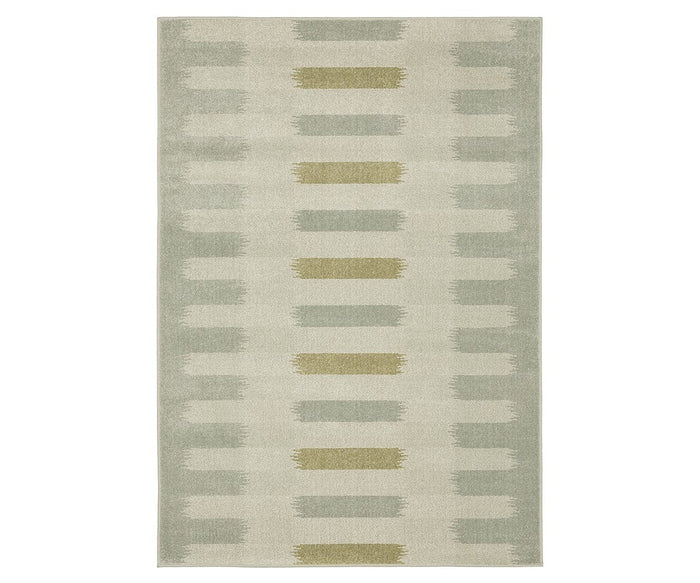 The Oriental Weavers Branson / BR09A Rug in Beige/Multi features a rectangular shape with a repeating pattern of horizontal brushstroke-like bars in muted green and tan shades set against a light beige background. Power-loomed for lasting durability, this symmetrical rug from the Branson Collection showcases modern motifs for an updated, contemporary look.