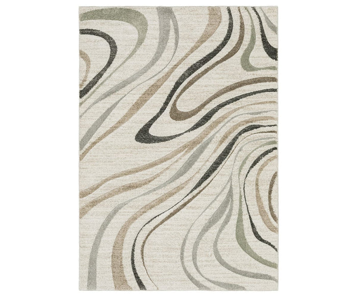 The Oriental Weavers Cambria / 162W Rug features a rectangular shape with a beige/multi color palette, showcasing swirling abstract lines in beige, brown, black, and sage green on a cream background. Crafted from durable polypropylene yarn, this rug brings contemporary style and lasting quality to any space.