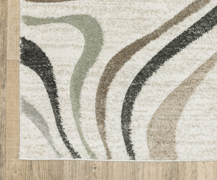A corner of the Oriental Weavers Cambria / 162W Rug, woven with durable polypropylene yarn and featuring curved abstract lines in black, green, brown, and beige on a light background, is placed on a wooden floor.
