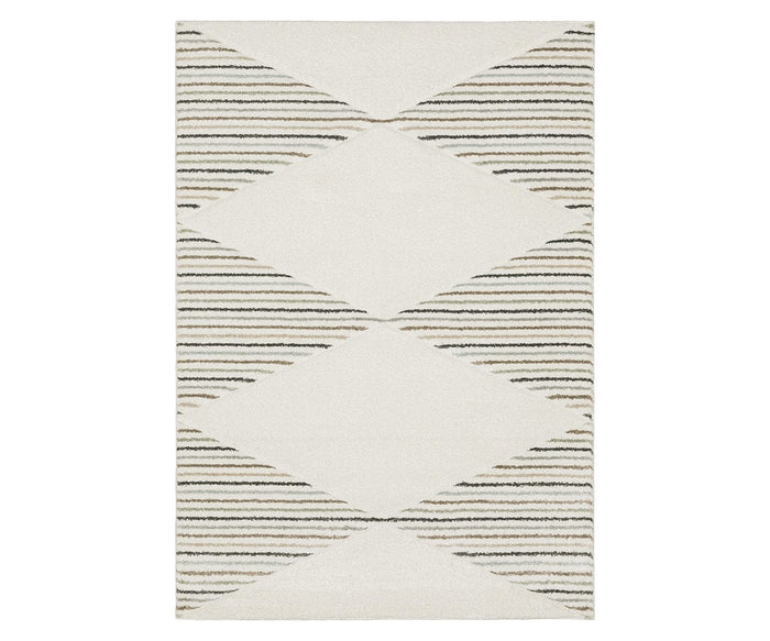 The Oriental Weavers Cambria / 4927C Rug in Beige/Multi features a rectangular shape with a light background highlighted by diagonal diamond motifs and thin, uneven black stripes running horizontally across the surface. This modern space-dyed polyester rug showcases eye-catching geometric patterns for a contemporary touch.