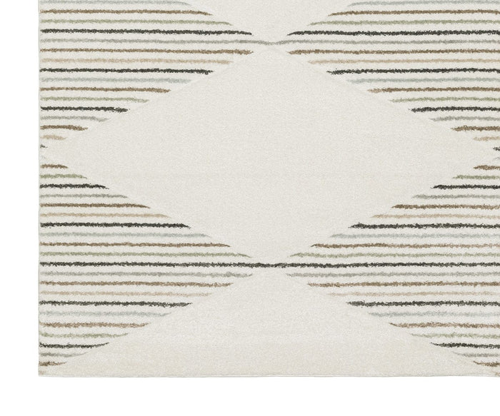 Part of the Oriental Weavers Cambria Collection, the 4927C rug features striking geometric designs with horizontal striped lines in black, gray, and tan, forming dynamic diamond shapes around a large solid beige diamond at the center. This space-dyed polyester piece offers modern style and visual interest for any room.