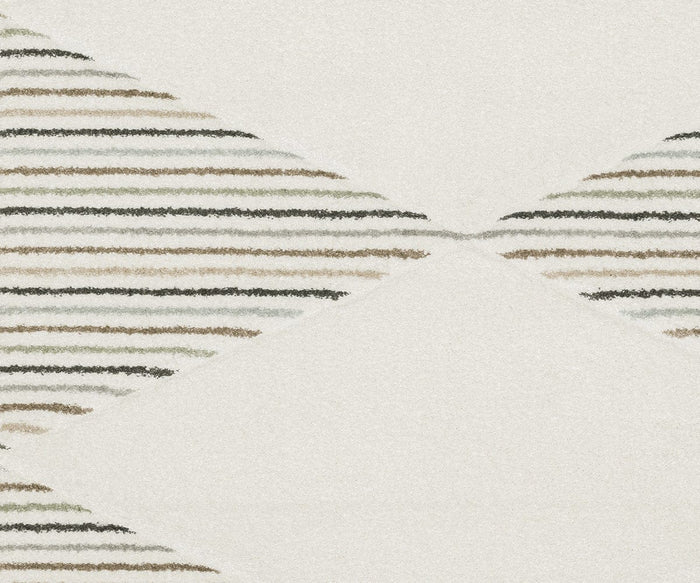 Contemporary geometric pattern featuring diagonal stripes in muted green, black, and brown tones creates partial triangles on a cream background. The triangle tips nearly meet at the center, emphasizing the modern aesthetic of the Oriental Weavers Cambria / 4927C Rug. Crafted from space-dyed polyester, this rug brings subtle sophistication to any space.