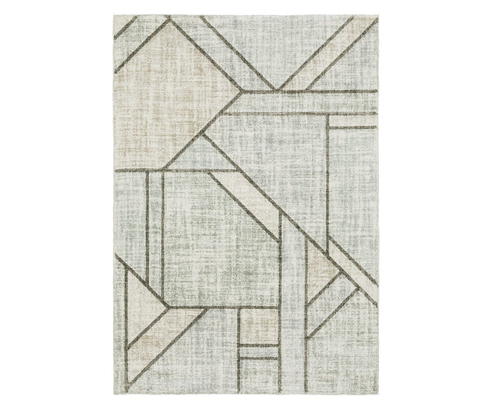 Rectangular Oriental Weavers Cambria / 5569B Rug featuring an abstract geometric pattern with intersecting lines and shapes in muted tones of beige and multi-colors. Crafted from durable polypropylene yarn, the rug’s background showcases a textured, woven appearance.