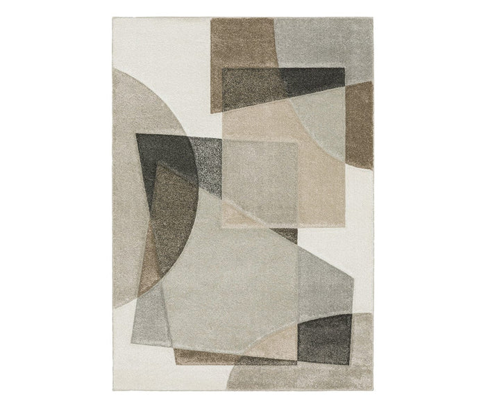 The Oriental Weavers Cambria / 84J Rug is a rectangular, high-pile rug featuring an abstract geometric pattern in a multi-color palette with overlapping rectangles and semi-circles. Its striking motifs add modern elegance to any space.