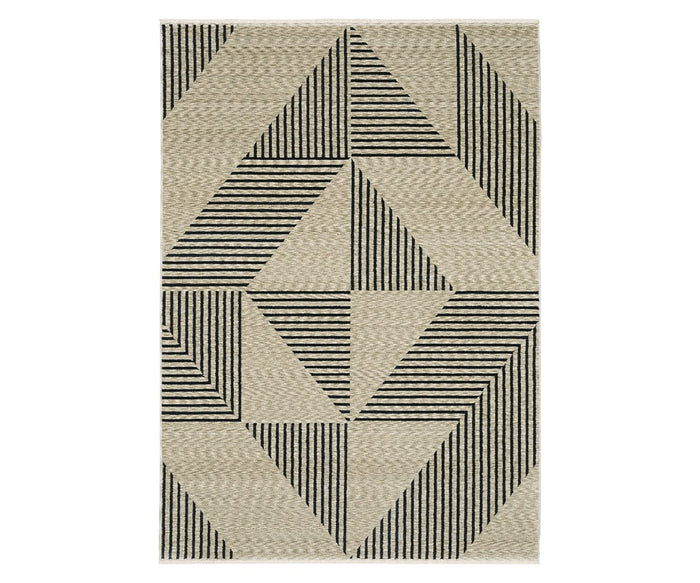 The Oriental Weavers Capella / CAP04 Rug, in Beige/Multi, showcases a sophisticated geometric pattern of triangles and diagonal black stripes on a beige background. Its space-dyed polyester construction creates an optical illusion effect, adding a modern touch to any interior.