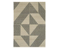 The Oriental Weavers Capella / CAP04 Rug, in Beige/Multi, showcases a sophisticated geometric pattern of triangles and diagonal black stripes on a beige background. Its space-dyed polyester construction creates an optical illusion effect, adding a modern touch to any interior.