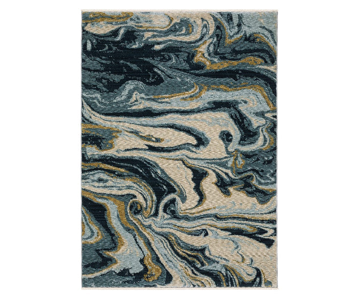Oriental Weavers Capella / CAP10 Rug in Multi features a rectangular design from the Capella Collection, showcasing an abstract swirling marble pattern. Crafted with space-dyed polyester, this area rug displays flowing blue, beige, and gold tones for a fluid, contemporary look.