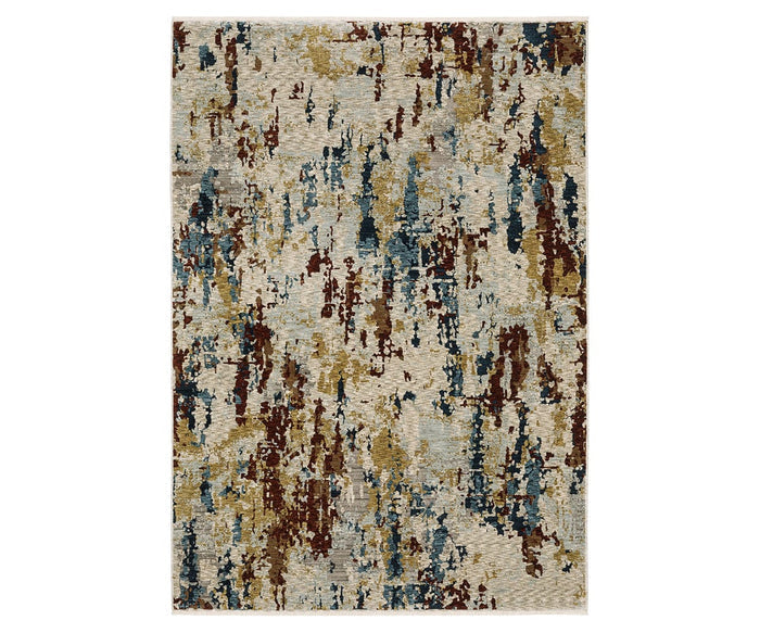 The Oriental Weavers Capella / CAP11 Rug features a rectangular design with an abstract pattern in a multi-color palette, including blue, brown, beige, gold, and hints of gray that resemble scattered or dripping paint on a light background. Crafted from soft space-dyed polyester, this rug delivers subtle color variations and texture for a modern aesthetic.