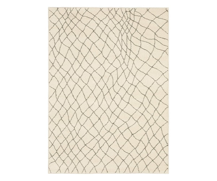 The Oriental Weavers Carson / 738B Rug features a beige and multi-colored contemporary design with an abstract, wavy crisscross pattern in dark gray lines across the surface. Crafted from durable polypropylene, this rectangular rug offers a plush feel underfoot.