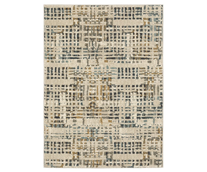 The Oriental Weavers Carson / 748F Rug features a rectangular, contemporary design with an abstract grid pattern in brown and multi-colored tones on a light background. Crafted from durable polypropylene, its dynamic lines and shapes create a modern, textured look that is both stylish and long-lasting.