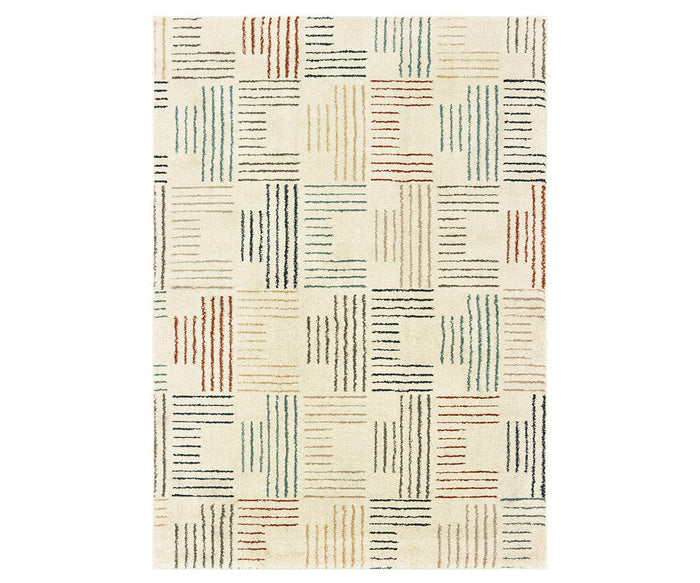 The Oriental Weavers Carson / 9663A Rug features a rectangular shape in a multi-color design, showcasing a cream background accented by evenly spaced vertical and horizontal dashed lines in black, teal, orange, red, green, and beige that form a modern geometric grid pattern. Part of the Carson Collection, this contemporary rug seamlessly blends stylish appeal with plush comfort to enhance any living space.