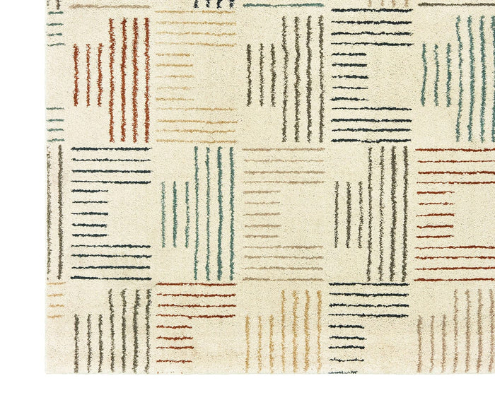 Add inviting comfort to your home with the Oriental Weavers Carson / 9663A Rug. This contemporary piece features a beige background adorned with a grid of rectangles, each filled with horizontal or vertical lines in vibrant shades of red, teal, yellow, black, and brown. The evenly spaced geometric pattern creates a bold modern accent for any room.
