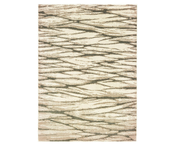 The Oriental Weavers Carson / 9671C Rug features a rectangular shape with a beige/multi background and an abstract pattern of wavy, overlapping lines in brown and tan tones. Crafted from durable polypropylene for long-lasting quality, this contemporary rug brings modern style to your space while offering the soft comfort of plush carpet underfoot.