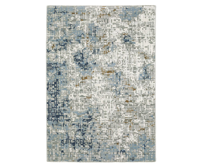Here is the revised sentence incorporating your product data: The Oriental Weavers Easton / 11E Rug is a rectangular area rug in Blue/Multi, power-loomed for durability. Featuring an abstract, mosaic-like pattern of overlapping squares and lines in shades of blue, gray, beige, and white, this striking modern rug from the Easton Collection makes an ideal statement piece for contemporary interiors.