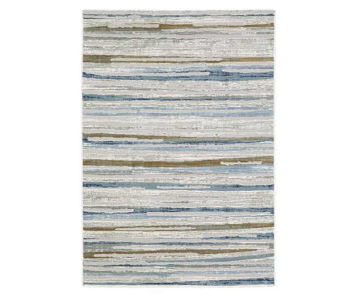The Oriental Weavers Easton 4514E Rug features a rectangular shape with horizontal, painterly stripes in blue, beige, gray, and cream tones on a light background. This multi-colored area rug from the Easton Collection is crafted from durable polypropylene and showcases abstract patterns for a modern, artistic look.