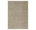 The Oriental Weavers Echo ECH01 Rug features a rectangular shape with a geometric maze-like pattern in brown and multi-color tones. Power-loomed for lasting durability, this rug showcases intersecting angular shapes that create a modern, textured design. Made in Egypt, it adds contemporary elegance to any space.