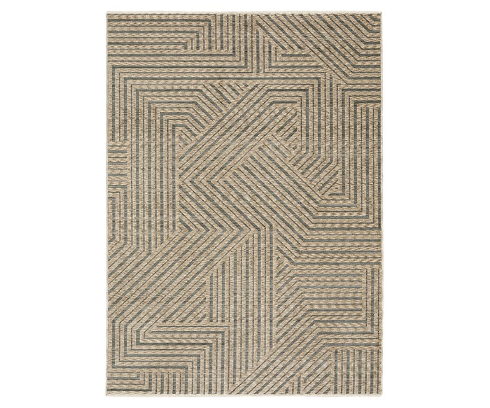 The Oriental Weavers Echo ECH01 Rug features a rectangular shape with a geometric maze-like pattern in brown and multi-color tones. Power-loomed for lasting durability, this rug showcases intersecting angular shapes that create a modern, textured design. Made in Egypt, it adds contemporary elegance to any space.