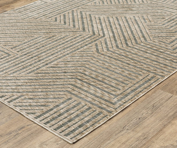The Oriental Weavers Echo ECH01 Rug, power-loomed in Egypt, features a beige and gray color palette with a geometric striped pattern of intersecting lines forming angled shapes in a modern design. Shown here on a light wood floor.