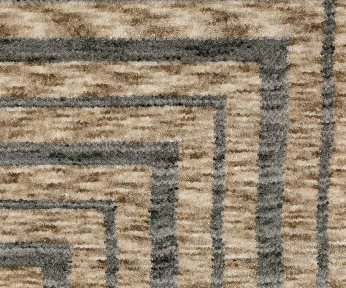 Close-up of the Oriental Weavers Echo ECH01 Rug, featuring a textured, power-loomed surface with thick gray concentric right-angled lines forming a stepped geometric pattern on a mottled beige and brown background. Made in Egypt.