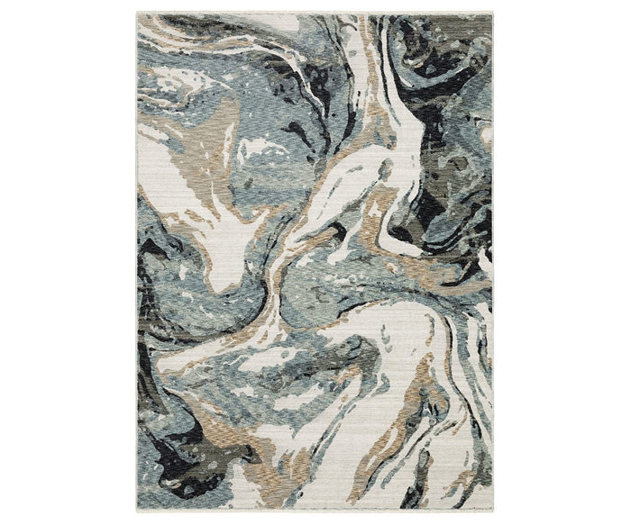 The Oriental Weavers Echo / ECH07 Rug features a rectangular shape and a swirling marble pattern in shades of beige and multiple colors, creating an abstract, fluid design. Power-loomed in Egypt, this rug offers lasting quality and style.