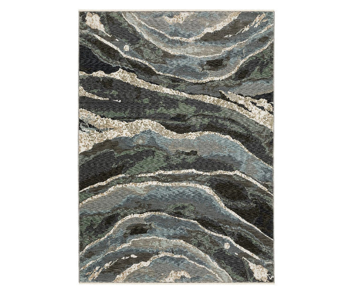 The Oriental Weavers Echo ECH12 Rug features an abstract design with swirling patterns in shades of blue and multi-colors, reminiscent of natural stone or marble textures. Power-loomed in Egypt, this rug offers an organic, layered appearance with flowing curved lines.