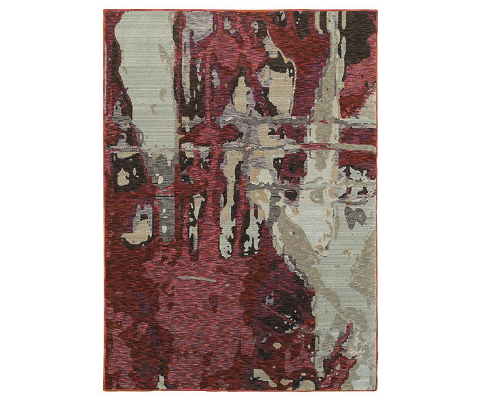 The Oriental Weavers Evolution / 8028B Rug is an abstract rectangular area rug from the Evolution Collection, woven in the USA with a durable nylon polypropylene blend. It features a multi-colored design in shades of red, beige, gray, and burgundy forming an irregular, painterly pattern.