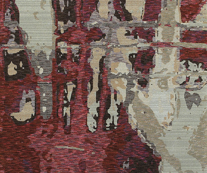 Introducing the Oriental Weavers Evolution / 8028B Rug: an abstract textile art piece displaying red, maroon, beige, and brown patterns with irregular shapes and layered textures. Reminiscent of a woven or painted tapestry, it blends organic and geometric elements. Crafted as part of the Evolution Collection from a durable nylon polypropylene blend, this rug is expertly woven in the USA.