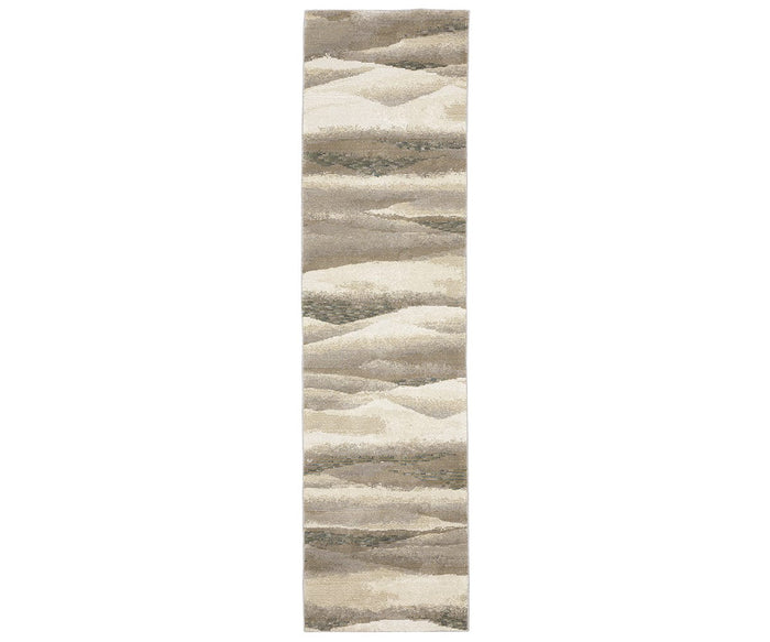 Introducing the Oriental Weavers Evolution / 982C Rug: a long, narrow area rug from the Evolution Collection, showcasing an abstract pattern in beautiful shades of beige and multi-colors that evoke layered sand dunes or gentle waves. Crafted from durable nylon for easy maintenance, this rug is perfect for high-traffic areas.