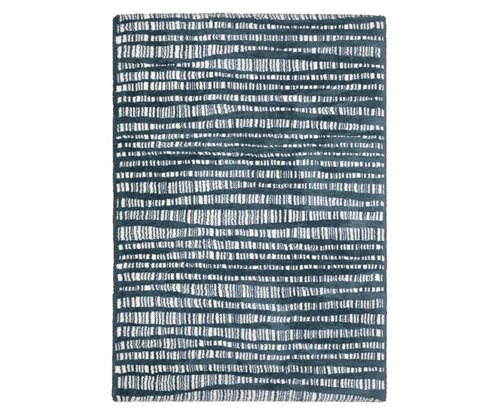 The Oriental Weavers Galileo GAL01 Rug in Blue/Multi features a rectangular design from the Galileo Collection, showcasing uneven horizontal lines in shades of light gray and dark blue for a textured, modern appearance. Crafted from dense pile microfiber polyester, the lines vary in thickness and spacing across the rug to enhance visual interest.