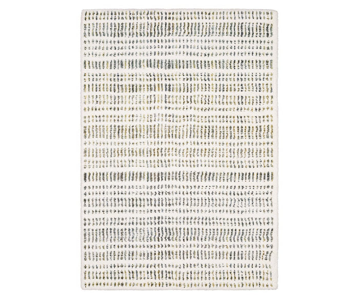 The Oriental Weavers Galileo GAL02 Rug features a rectangular, modern design with a white/multi background and horizontal uneven gray and beige lines that create a textured, woven look. Crafted from dense pile microfiber polyester, this rug provides softness and contemporary style to any space.