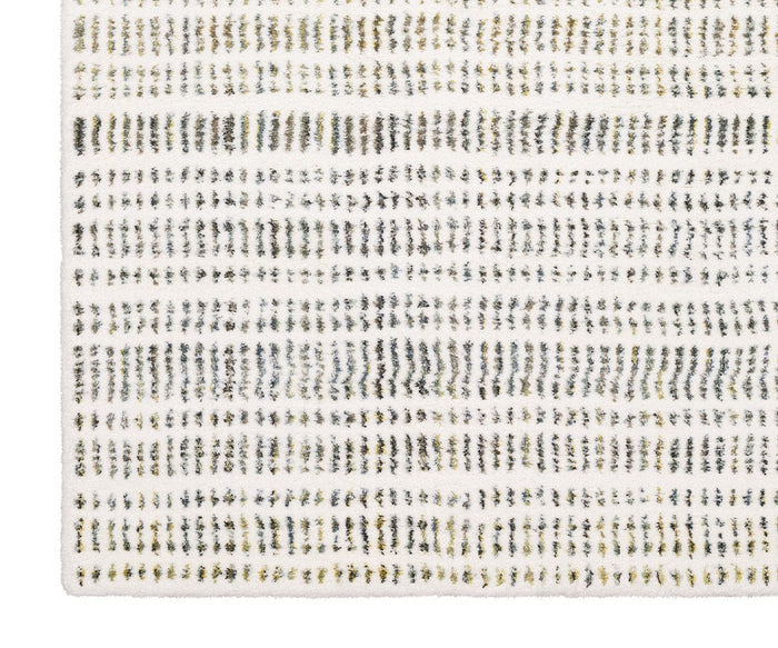 A close-up of the Oriental Weavers Galileo GAL02 Rug, crafted from white microfiber polyester and featuring evenly spaced, horizontal rows of small, multicolored dashes that form a subtle, textured pattern. The dense pile lends both depth and softness to this modern area rug, though only part of it is shown in the image.