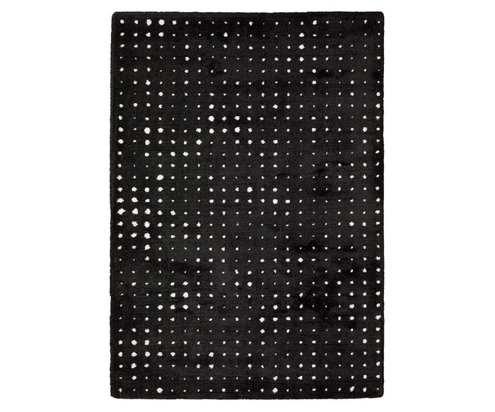 The Oriental Weavers Galileo / GAL04 Rug in Black/Multi features a rectangular design with a pattern of evenly spaced, small white dots arranged in a grid across the surface. This contemporary area rug brings a modern touch to any space while providing soft comfort underfoot.