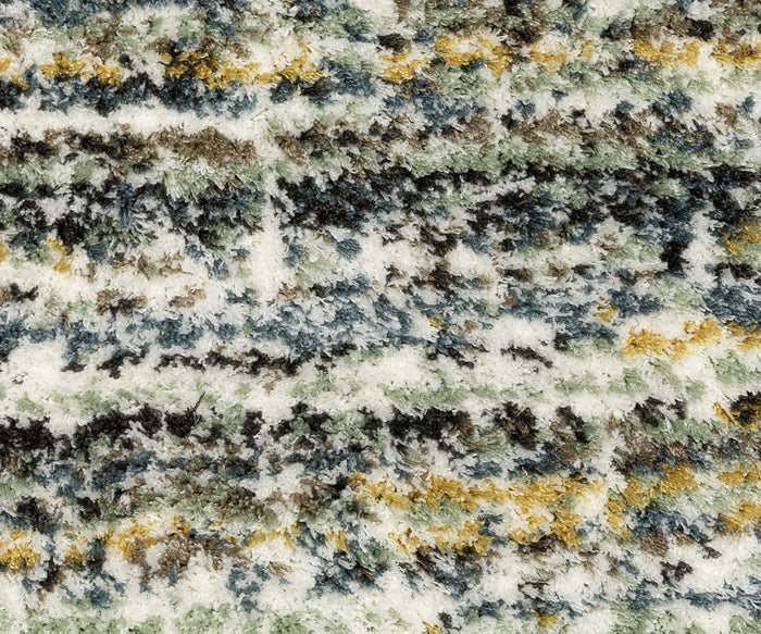 Close-up of the Oriental Weavers Galileo / GAL07 Rug, a multicolored textured carpet featuring shades of green, yellow, gray, black, and white in an abstract striped pattern. This dense pile rug is crafted from soft microfiber polyester for enhanced comfort and durability.