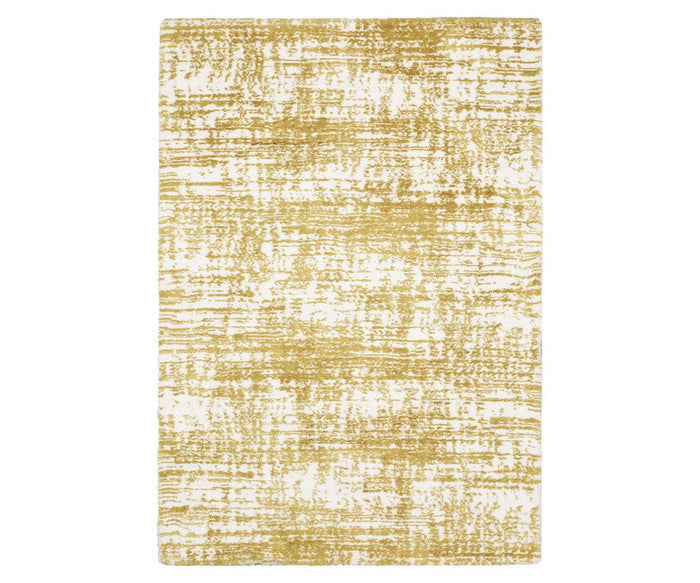 The Oriental Weavers Galileo / GAL10 Rug in Beige/Multi is a contemporary rectangular area rug crafted from microfiber polyester, featuring a white background with an abstract, uneven mustard yellow pattern reminiscent of brush strokes or a distressed texture. With its plush dense pile, this rug combines modern style and exceptional comfort.