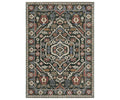 The Oriental Weavers Hastings / HA02B Rug showcases a rectangular design with a central hexagonal medallion, highlighted by intricate floral and geometric accents in a rich multi-color palette on a dark backdrop. Crafted from space-dyed polyester for vibrant color variation, it features an ornate border for added detail.
