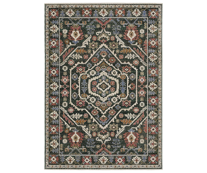 The Oriental Weavers Hastings / HA02B Rug showcases a rectangular design with a central hexagonal medallion, highlighted by intricate floral and geometric accents in a rich multi-color palette on a dark backdrop. Crafted from space-dyed polyester for vibrant color variation, it features an ornate border for added detail.