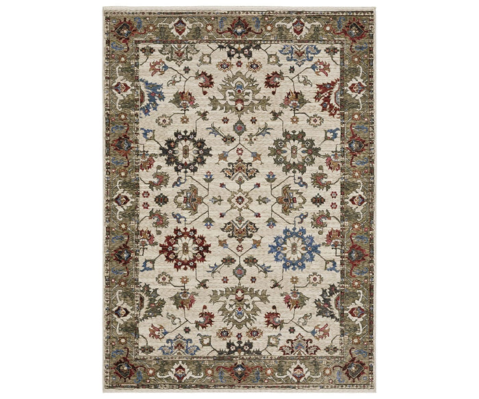Rectangular Oriental Weavers Hastings / HA03W Rug in Brown/Multi, featuring an intricate floral and geometric pattern in rich multicolored tones, framed by a decorative border with complementary motifs. Crafted from space-dyed polyester, this area rug offers enhanced softness and vibrant color.