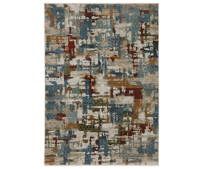 The Oriental Weavers Hayden / HAY02 Rug features an abstract, modern design with overlapping brushstroke patterns in a multi-colored palette on a beige background. Crafted from space-dyed polyester, this rectangular rug brings a vibrant and contemporary touch to any space.