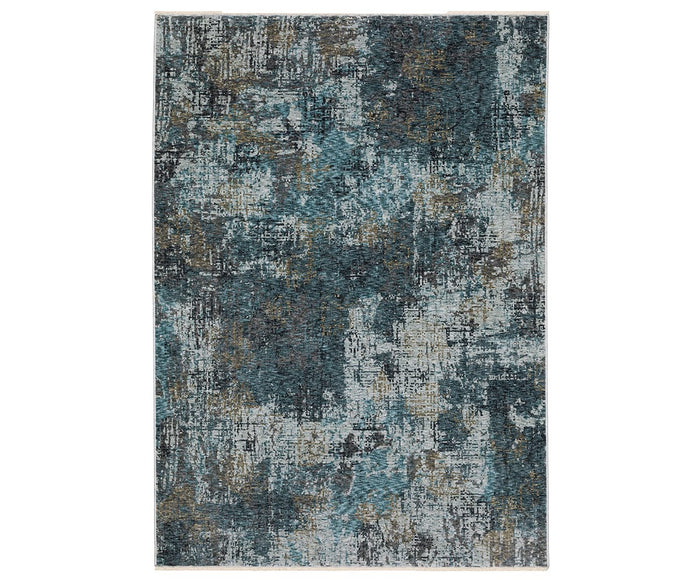 The Oriental Weavers Hayden HAY03 Rug in Blue/Multi features a rectangular shape with an abstract pattern in shades of blue, teal, gray, and brown. Its distressed, textured appearance and space-dyed polyester construction deliver durability and a modern flair to any room.